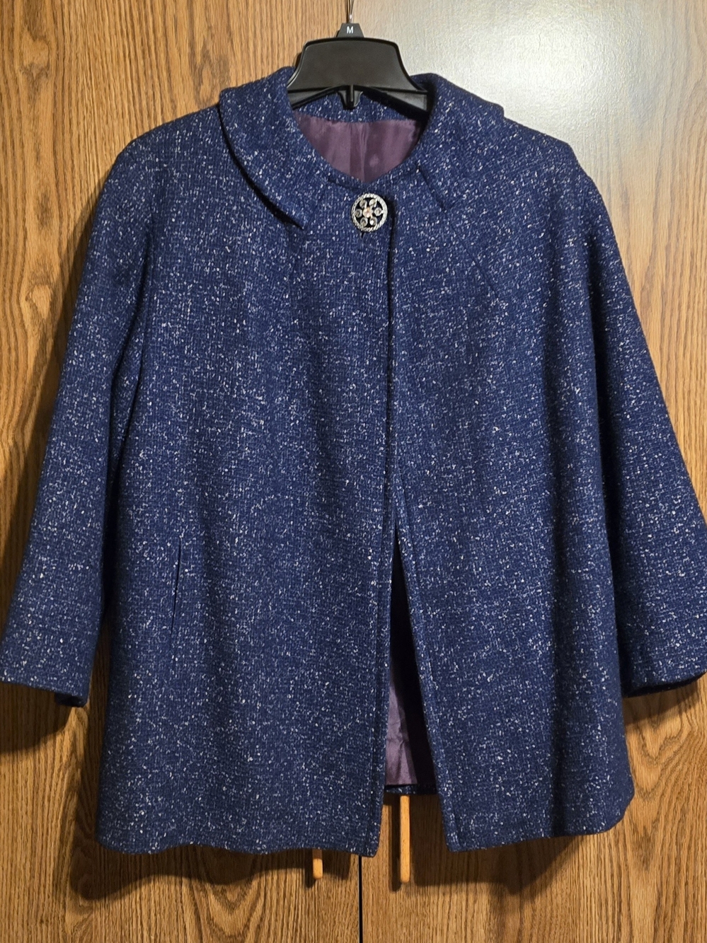 Source Unknown Navy Bouclé Swing Coat with Decorative Button